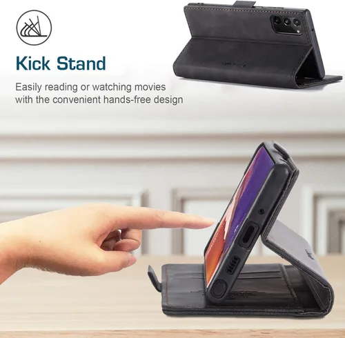 Vista 5 de Funda tipo cartera para Samsung Galaxy Note 20, piel sintética retro, cierre magnético, con ranuras para tarjetas, bolsillos para efectivo con Negro