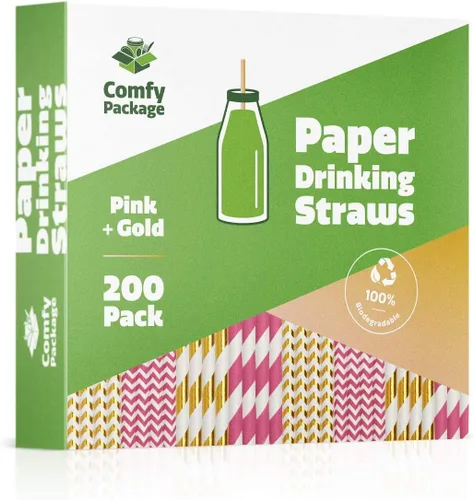 Vista 8 de Comfy Package Paquete de 200 pajitas de papel desechables de color rosa intenso y dorado, 100% biodegradables, pajitas de fiesta de múltiples