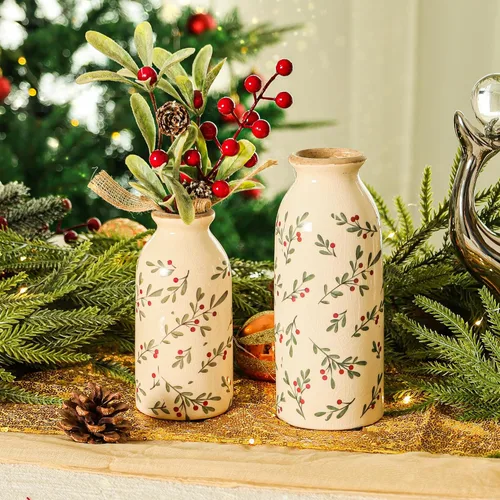 Vista 2 de [Usado] Ronasip Jarrones de acebo de Navidad, juego de 2 jarrones de cerámica, decoración rústica pintada a mano, esmalte agrietado con hielo