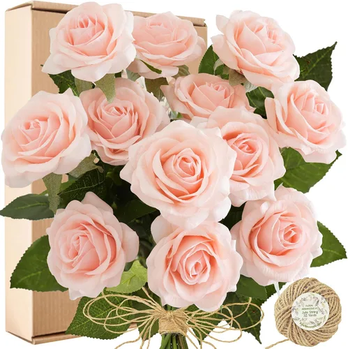 Vista 18 de FiveSeasonStuff 12 tallos de flores artificiales azul hielo, rosas de seda de tacto real para decoración de boda, en caja de regalo Azul helado