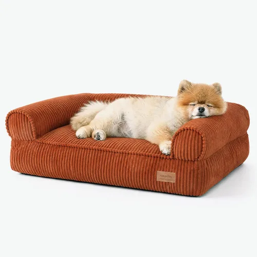 Vista 11 de FUKUMARU Sofá cama para perros, acogedora cama de pana para gatos de interior con funda lavable, cama ortopédica impermeable de 28 pulgadas