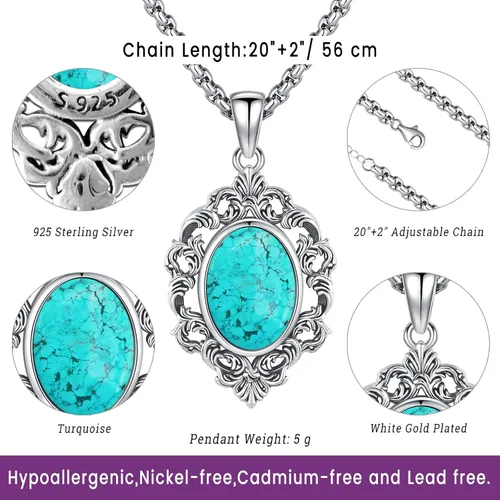 Vista 26 de Joyas de turquesa para mujeres y hombres de plata de ley 925 con colgante de urna para cenizas, collar con medallón de imagen, martillo de Thor