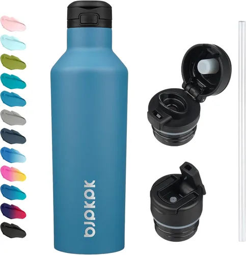 Vista 19 de BJPKPK Botella de agua aislada con pajilla, botellas de agua de acero inoxidable de 17 onzas con 2 tapas y asa de transporte, botella térmica