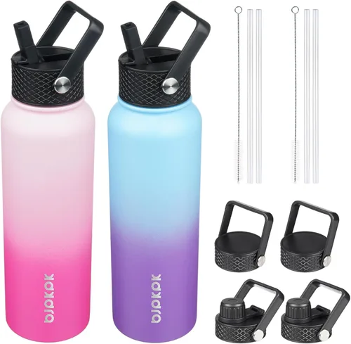 Vista 13 de BJPKPK Paquete de 2 botellas de agua aisladas con tapas con pajita, botella de agua de metal de acero inoxidable de 18oz con 6 tapas, jarras a