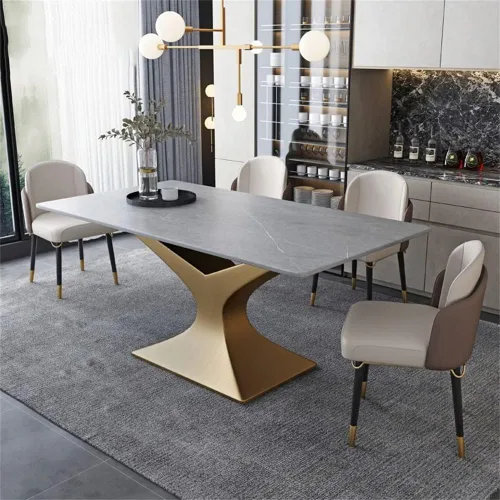 Vista 4 de LAKIQ Mesa de comedor rectangular moderna de estilo lujoso, mesa de cocina de piedra sinterizada, mesa de pizarra con pedestal de bronce para Negro