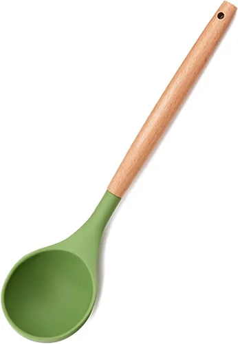 Vista 17 de Juego de utensilios de cocina de silicona verde aguacate, 12 utensilios de cocina resistentes al calor, herramientas de cocina con mango de madera