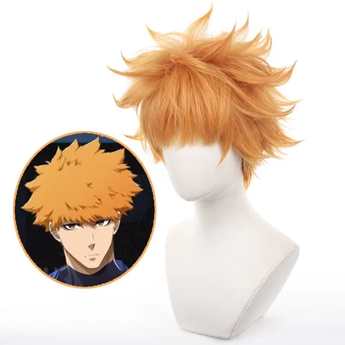 Vista 2 de XiongXiongLe Peluca de cosplay naranja brillante, pelucas cortas y rizadas, para juego de anime, Halloween, pelucas de repuesto para fiestas