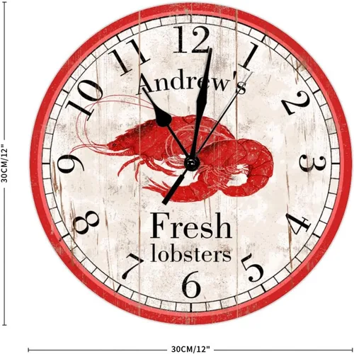 Vista 2 de Reloj de madera personalizado con langostas rojas y frescas, relojes de madera de cuarzo de calidad, funciona con pilas, relojes de pared de 12