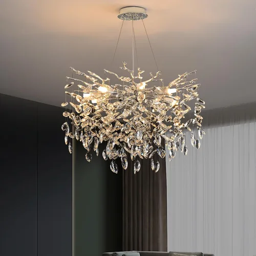 Vista 24 de Candelabro rectangular con ramas de árbol de cristal, L40 pulgadas, Mpdern de lujo cromado lineal Art Deco con forma de gota de lluvia para cocina
