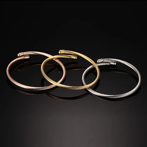 Vista 3 de Brazalete trenzado de acero inoxidable triple 3 con alambre de cable apilable para mujer, ororosaplata, Acero inoxidable
