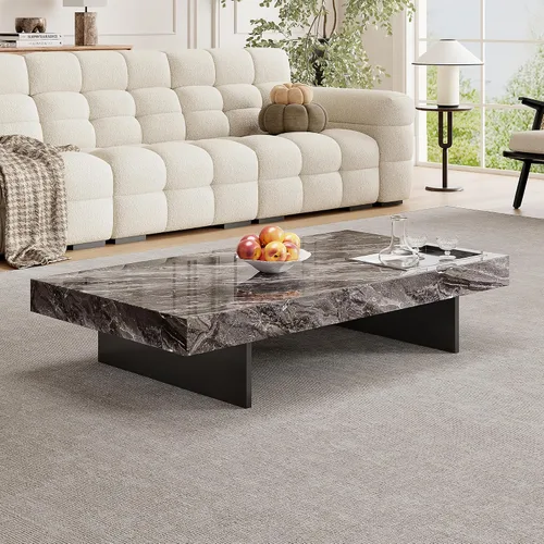 Vista 8 de Mesa auxiliar rectangular de mármol de 51.18 pulgadas, parte superior de piedra sinterizada gris moderna con base de metal negro, mesa central