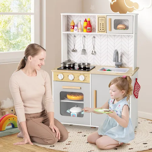 Vista 8 de Costzon Juego de cocina para niños, cocina de madera con luces y sonidos, estufas, fregadero, grifo, microondas, horno y accesorios de cocina, juego