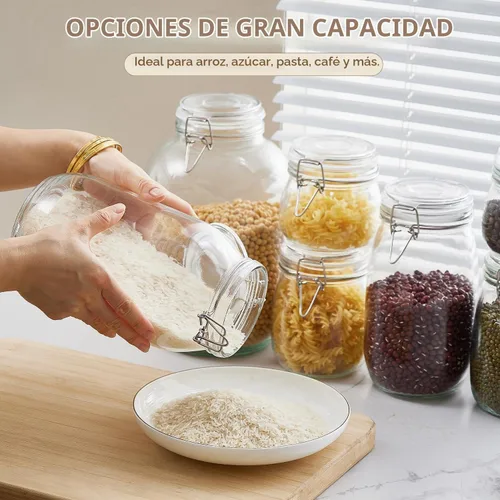 Vista 2 de Tarros de vidrio para almacenamiento de alimentos de 1 galón con tapas herméticas, juego de 1 – Recipientes transparentes con cierre de clip
