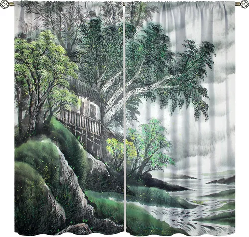 Vista 15 de Cortina asiática, flor de cerezo japonés, montañas brumosas de ciruelo rojo asiático, pintura de tinta tradicional, paisaje chino oriental