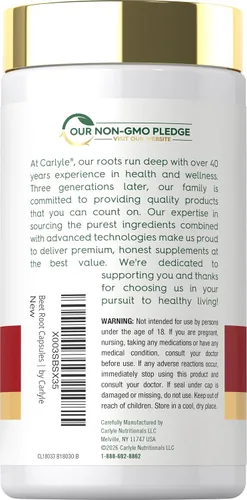 Vista 3 de Carlyle Cápsulas de raíz de remolacha 8000 mg 120 unidades Suplemento sin OGM y sin gluten
