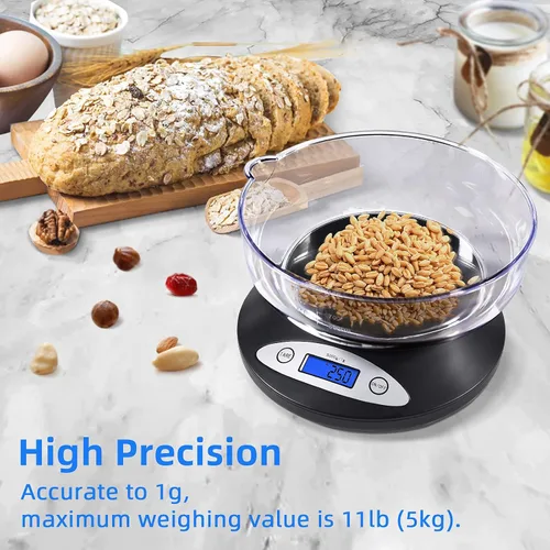Vista 5 de THINKSCALE - Báscula de cocina de 11 libras con cuenco, LCD retroiluminado de 1 g/0.1 oz para hornear Digital Food Scale 5kg, Min 3g Start, Grams