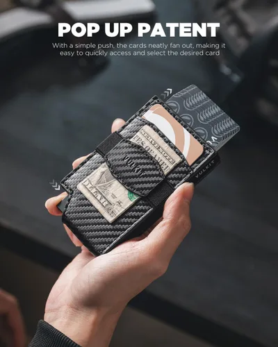 Vista 2 de VULKIT Billetera desplegable para tarjetas con correa de dinero, bolsillo frontal de cuero, con ventana de identificación, bloqueo RFID, funda