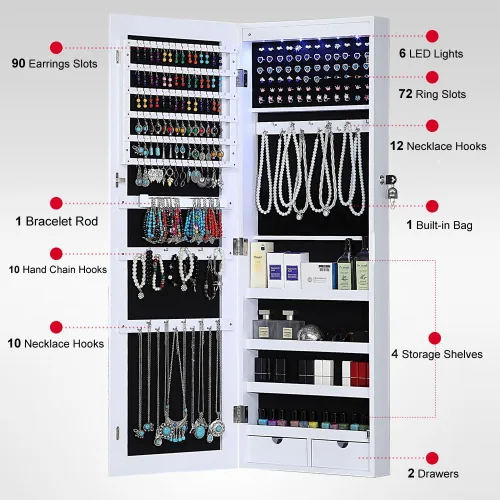 Vista 3 de GISSAR Armario de joyería con espejo de 6 LED, organizador de joyas montado en la paredpuerta con espejo de longitud completa, gabinete colgante