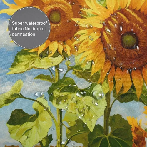 Vista 4 de YLATY2314 - Cortina de ducha de girasol para baño, pintura al óleo, hojas verdes, flores, bohemio, tela amarilla abstracta, moderna, impermeable