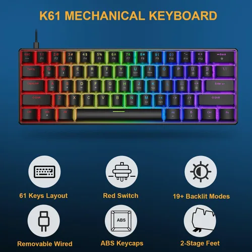 Vista 3 de BlueFinger Combo de teclado y mouse mecánicos para juegos 60% – Teclado RGB con retroiluminación arcoíris de 61 teclas con interruptor rojo y 4 DPI