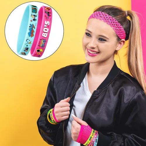 Vista 7 de Leitee 48 pulseras de silicona temáticas de los años 80 para mujeres y hombres, pulseras de goma retro de los años 80 para mujeres y hombres