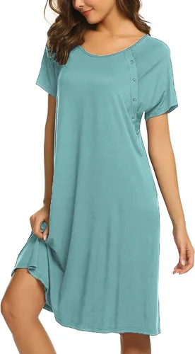 Vista 4 de Ekouaer - Camisón con botones y manga corta para mujer, vestido para lactancia, parto, hospital y maternidad, tallas S-XXL