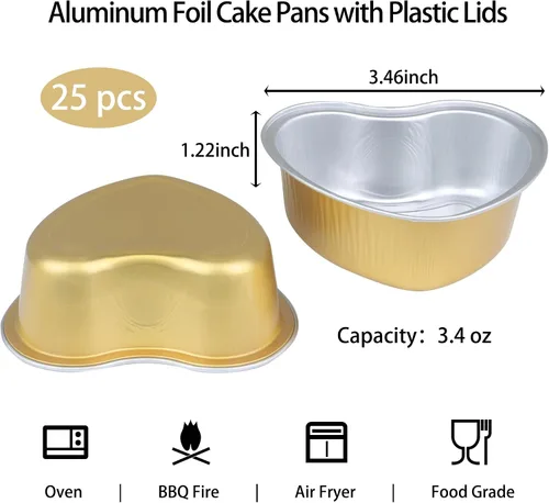 Vista 2 de Moldes para pasteles en forma de corazón de 3.5 pulgadas, molde de papel de aluminio con tapas, 25 piezas desechables de corazón pequeño