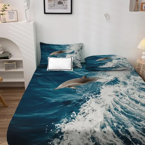 Vista 2 de Dolphin Sheets - Juego de sábanas de 3 piezas con estampado de animales marinos ondulados, sábanas y fundas de almohada, sábana bajera ajustable