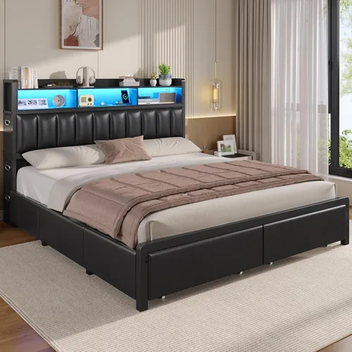 Vista 8 de ADORNEVE Base de cama tamaño King con 10 cajones de almacenamiento y cabecera tipo estantería RGB, cama King tapizada en PU con estación de carga