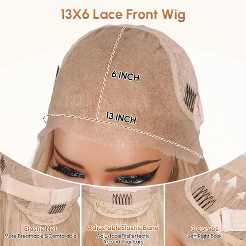 Vista 5 de Peluca de cabello sintético rubio de 13 x 6, con encaje frontal, sin pegamento, ondulado, rubio prearrancado, encaje transparente HD, transpirable