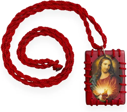 Vista 3 de Sagrado Corazón de Jesús Escapulario de Madera Roja Collar Escapulario Rojo Madera Sagrado Corazon de Jesús Regalo Religioso, Madera, No es una