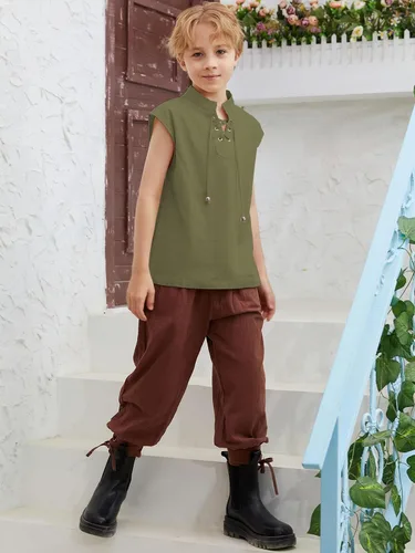 Vista 5 de CharmWM Camisetas sin mangas de pirata renacentista para niños, disfraz vikingo, medieval, con cordones, escocés, Halloween, cosplay, camisetas sin