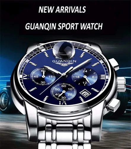 Vista 3 de Reloj de pulsera de cuarzo para hombre, analógico, acero inoxidable, cuero, cronógrafo, fecha, resistente al agua
