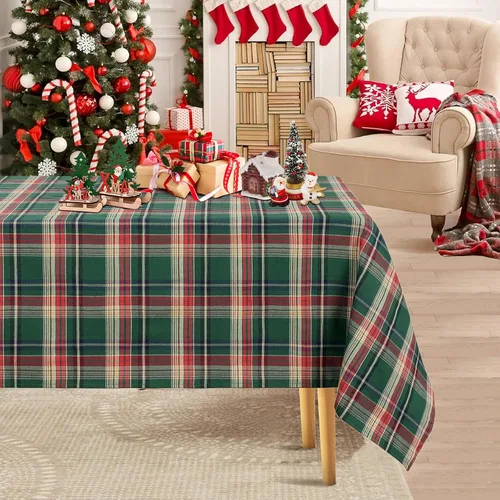 Vista 14 de Camino de mesa a cuadros de Navidad de búfalo, camino de mesa rectangular de cuadros de Navidad para decoración de mesa de cena de fiesta de Navidad