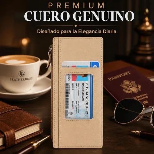 Vista 8 de Leatherboss - Funda para tarjetas todo en uno, cartera delgada con correa de protección para tarjetas, Beige, Cartera con tarjetero