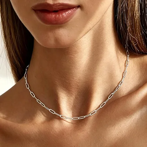 Vista 3 de Collar de cadena de clip de plata para mujer, delicado collar de gargantilla de plata de ley para mujer, collar de eslabones simples, largos 3mm16