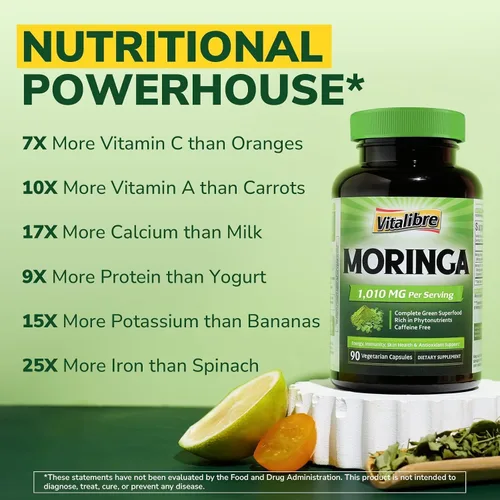 Vista 4 de Vitalibre Moringa 1,010 mg, potencia máxima, superalimento verde completo, rico en antioxidantes, sin gluten ni cafeína, sin OMG, energía, inmune