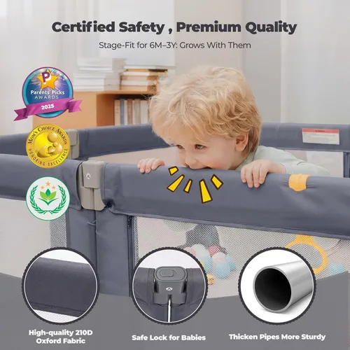 Vista 5 de Kidirect Corralito Plegable para Bebés, 71"×69" Corralito Extra Grande para Bebés y Niños Pequeños de 1-3 Años, Patio de Juegos Portátil con 5 Asas