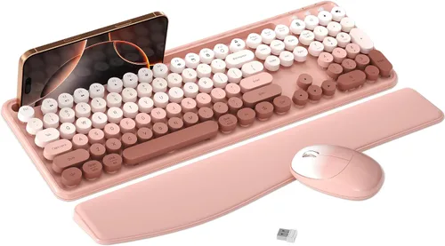 Vista 8 de Combo de teclado y mouse inalámbricos con soporte para teléfono (caqui) MPTOG Colorful Typewriter Keys with Wrist Rest, 2.4GHz Wireless