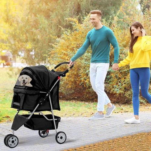 Vista 7 de Cochecito para perros con cesta de almacenamiento, cochecito para mascotas de 3 ruedas, transpirable, compacto, portátil, plegable, para viajes