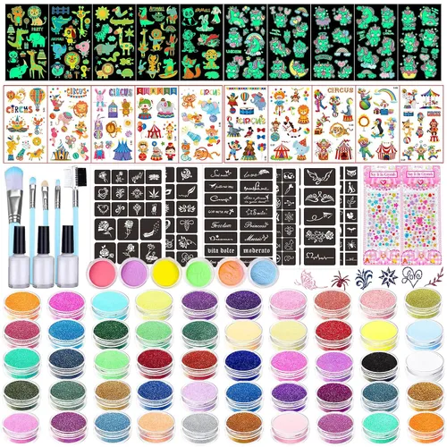 Vista 10 de TEUVO Kit de tatuaje con purpurina para niños con 25 colores, 225 plantillas, 6 bolígrafos, 2 hojas de diamantes de imitación, 5 pinceles, 3