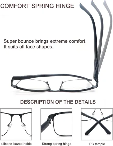 Vista 4 de Gafas de lectura para hombre, bloqueo de luz azul, lentes cuadrados de metal con bisagra de resorte, paquete de 3 unidades, anti rayos azules