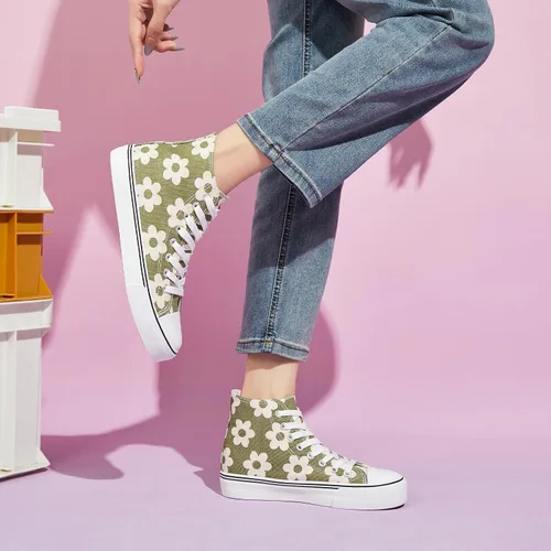 Vista 6 de kufeiti Zapatillas de lona altas para mujer, zapatos de lona con cordones, zapatillas blancas y negras, zapatos casuales para caminar