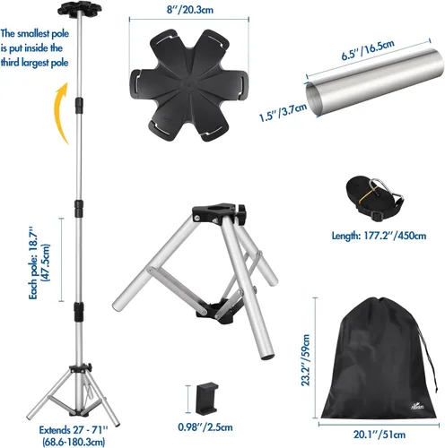 Vista 7 de Affordura - Poste de soporte para cubierta de barco extra alto con base de trípode de metal y parte superior hexagonal, postes ajustables de 27-71