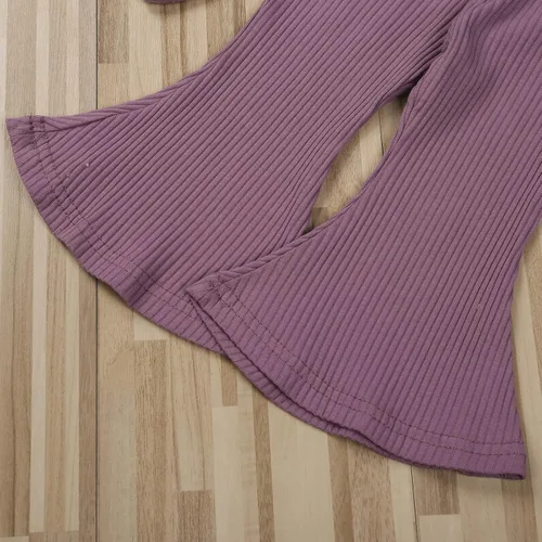 Vista 7 de Ropa para bebé y niña, acanalado, con volantes, manga larga, mameluco, pantalones acampanados, color sólido, otoño, invierno, trajes de 2 piezas