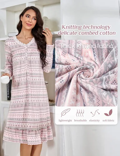 Vista 2 de MZROCR Camisones de manga larga para mujer, de algodón suave, cuello en V, ligero, ropa de dormir con encaje, para mujer