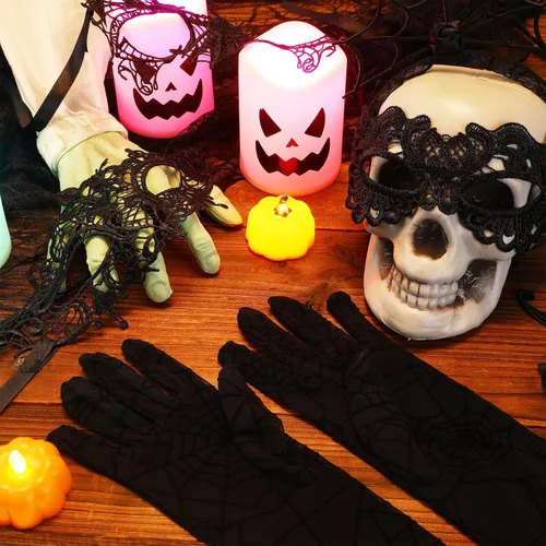 Vista 7 de Toulite Juego de 8 piezas de disfraz de telaraña de Halloween para mujer, incluye tela de araña negra, capa de encaje negro, guantes y medias
