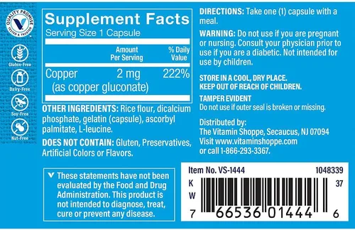 Vista 2 de The Vitamin Shoppe Brand Copper 2 MG Capsules, antioxidante, 100 cápsulas