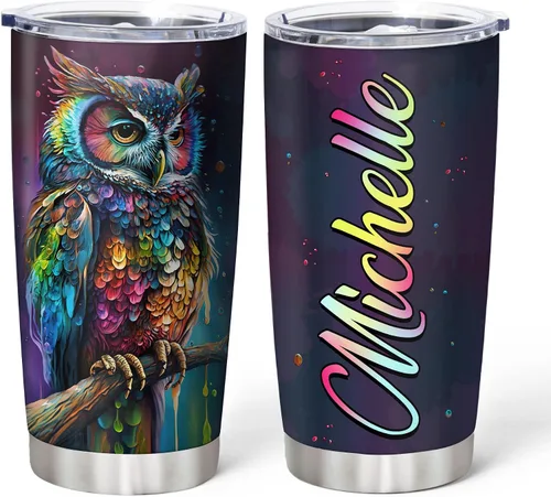 Vista 13 de Hyturtle Vaso personalizado para amantes de los búhos, vaso de café de acero inoxidable con nombre personalizado, 20 onzas con tapa, ideal como