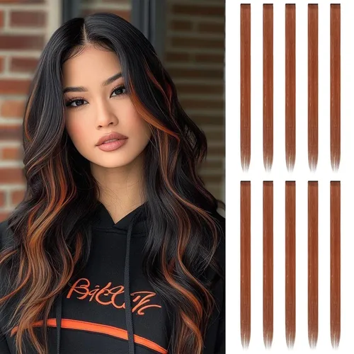 Vista 37 de FESHFEN Juego de 12 extensiones de cabello con clip, color negro, con clip, con purpurina, kit de accesorios coloridos para mujeres, de 20 pulgadas